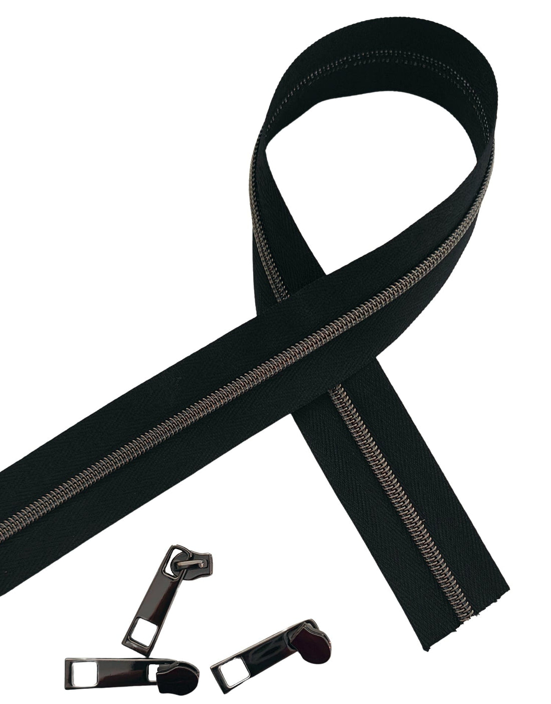 Kiwi Bagineers Zippers Black / Gun Metal (black tape only) Zipper by the Metre. 2.5m of #3 Zipper tape with 10 Zipper Sliders/Pullers