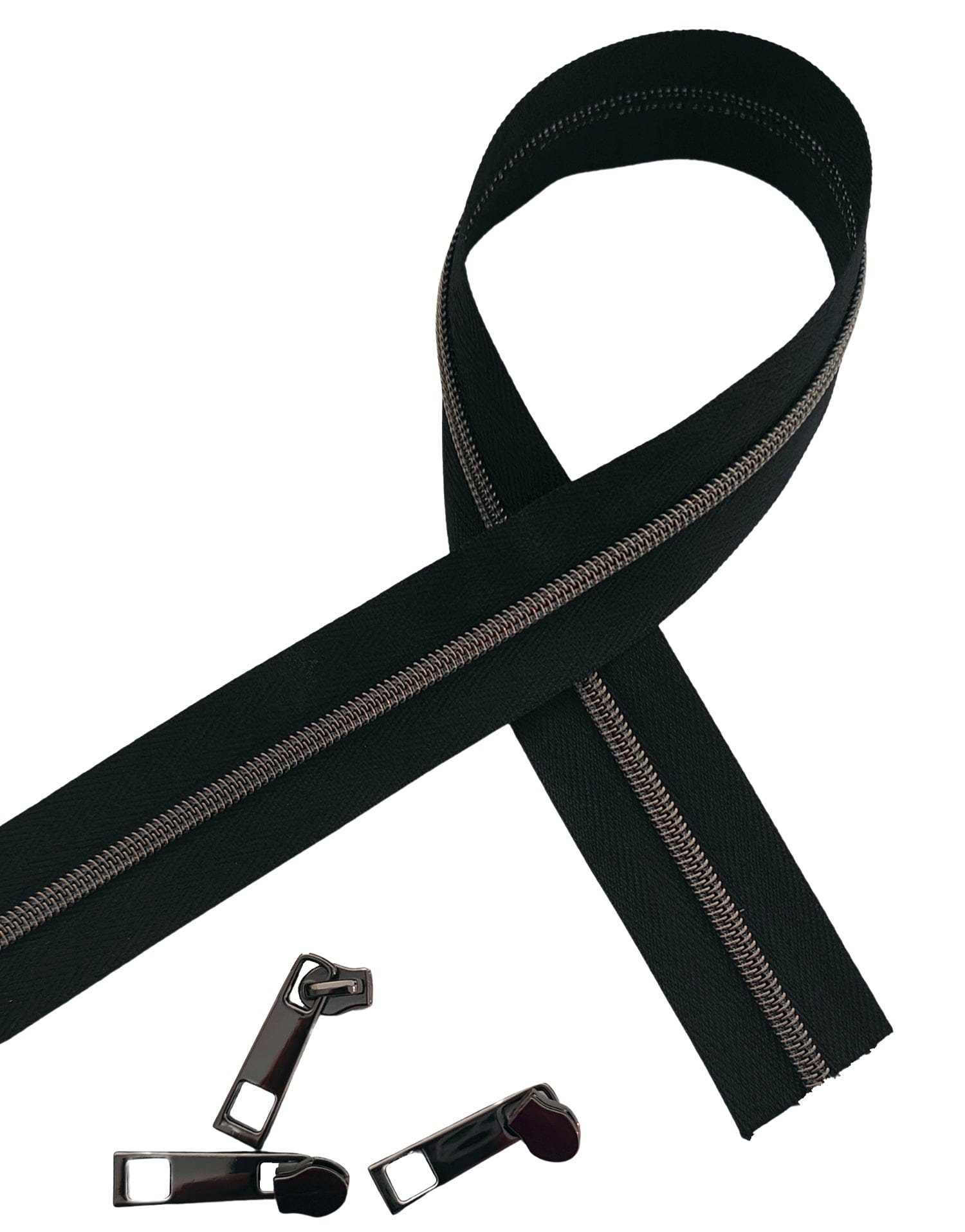 Kiwi Bagineers Zippers Black / Gun Metal (black tape only) Zipper by the Metre. 2.5m of #3 Zipper tape with 10 Zipper Sliders/Pullers