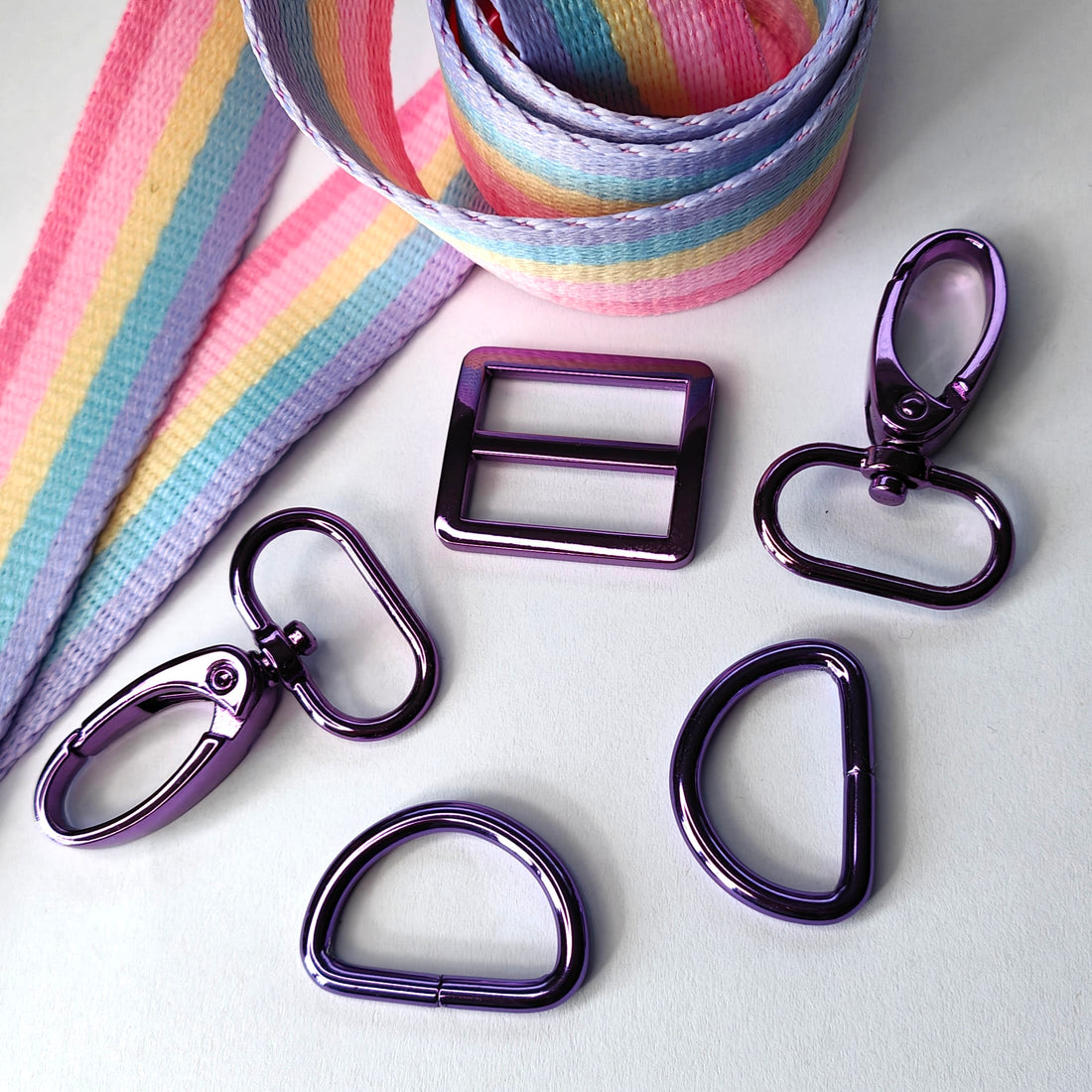 Kiwi Bagineers Strap hardware Strap Pack with Fun Webbing - Limited Purple hardware pack for making Bag straps.