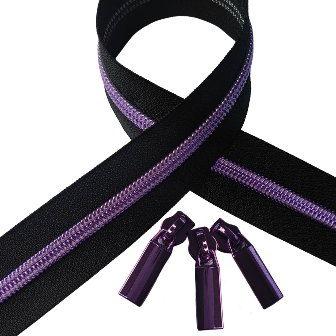 Kiwi Bagineers Zippers Zipper by the Metre. 1.5m of #5 black/purple Zipper tape with 3 Zipper Sliders/Pullers