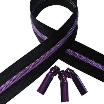 Kiwi Bagineers Zippers Zipper by the Metre. 1.5m of #5 black/purple Zipper tape with 3 Zipper Sliders/Pullers