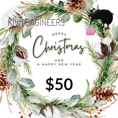 Kiwi Bagineers Gift Card $50.00 Kiwi Bagineers Christmas Gift Cards. From $25 to $150.