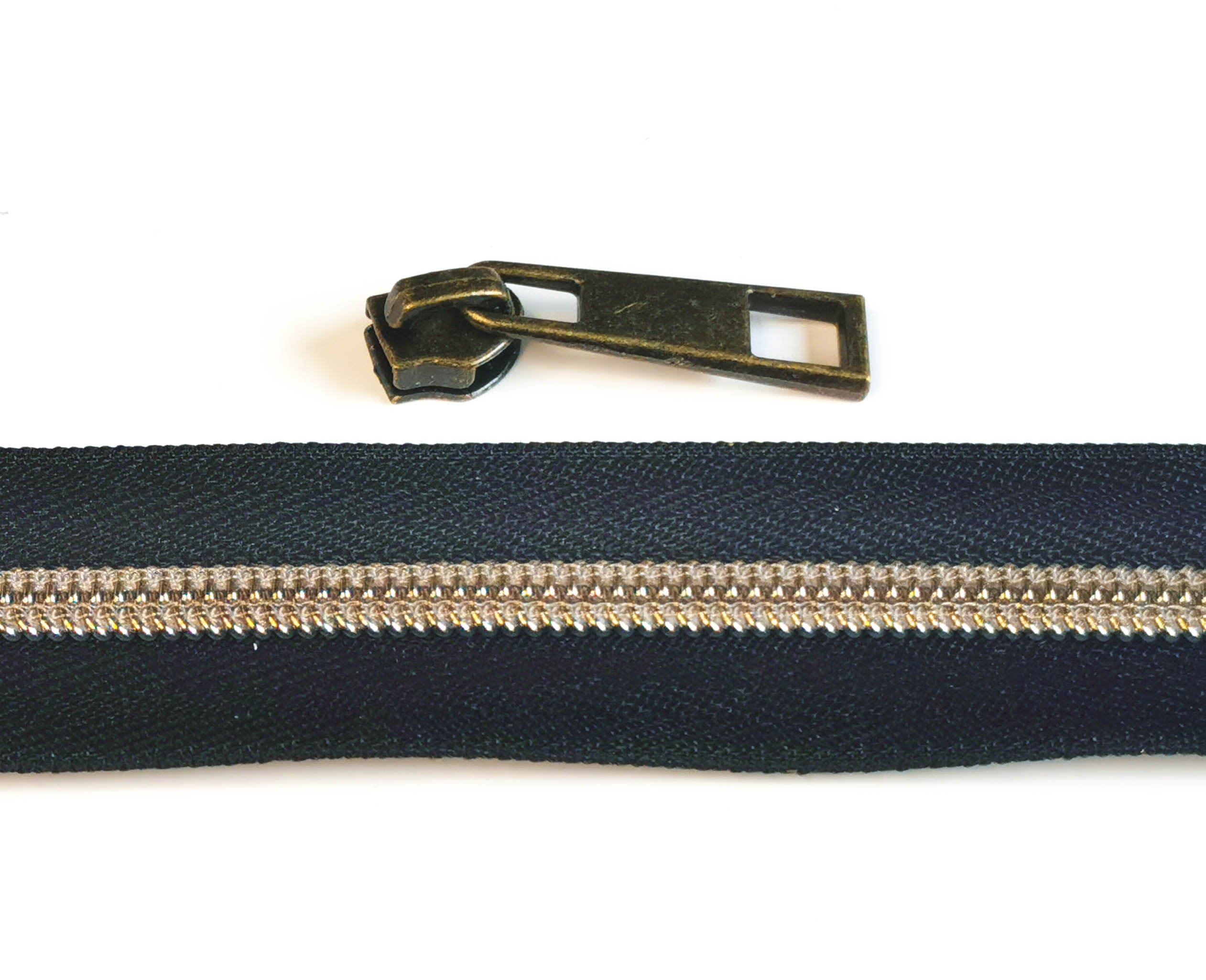 Kiwi Bagineers Zippers Black / Antique Brass Zipper Tape. 30" 76cm of #5 Zipper tape with 2 Zipper Sliders/Pullers By Kiwi Bagineers