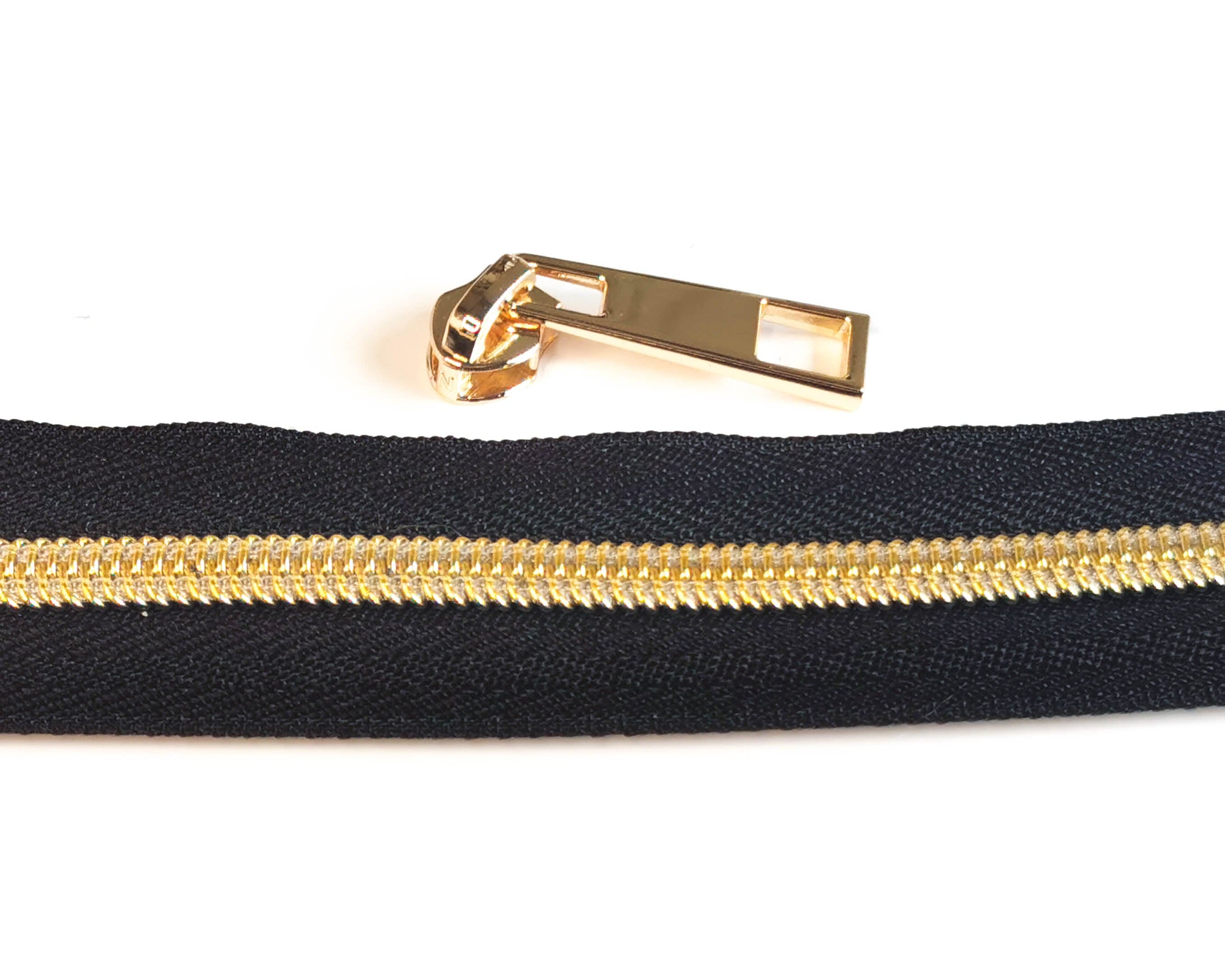 Kiwi Bagineers Zippers Black / Gold Zipper Tape. 30" 76cm of #5 Zipper tape with 2 Zipper Sliders/Pullers By Kiwi Bagineers
