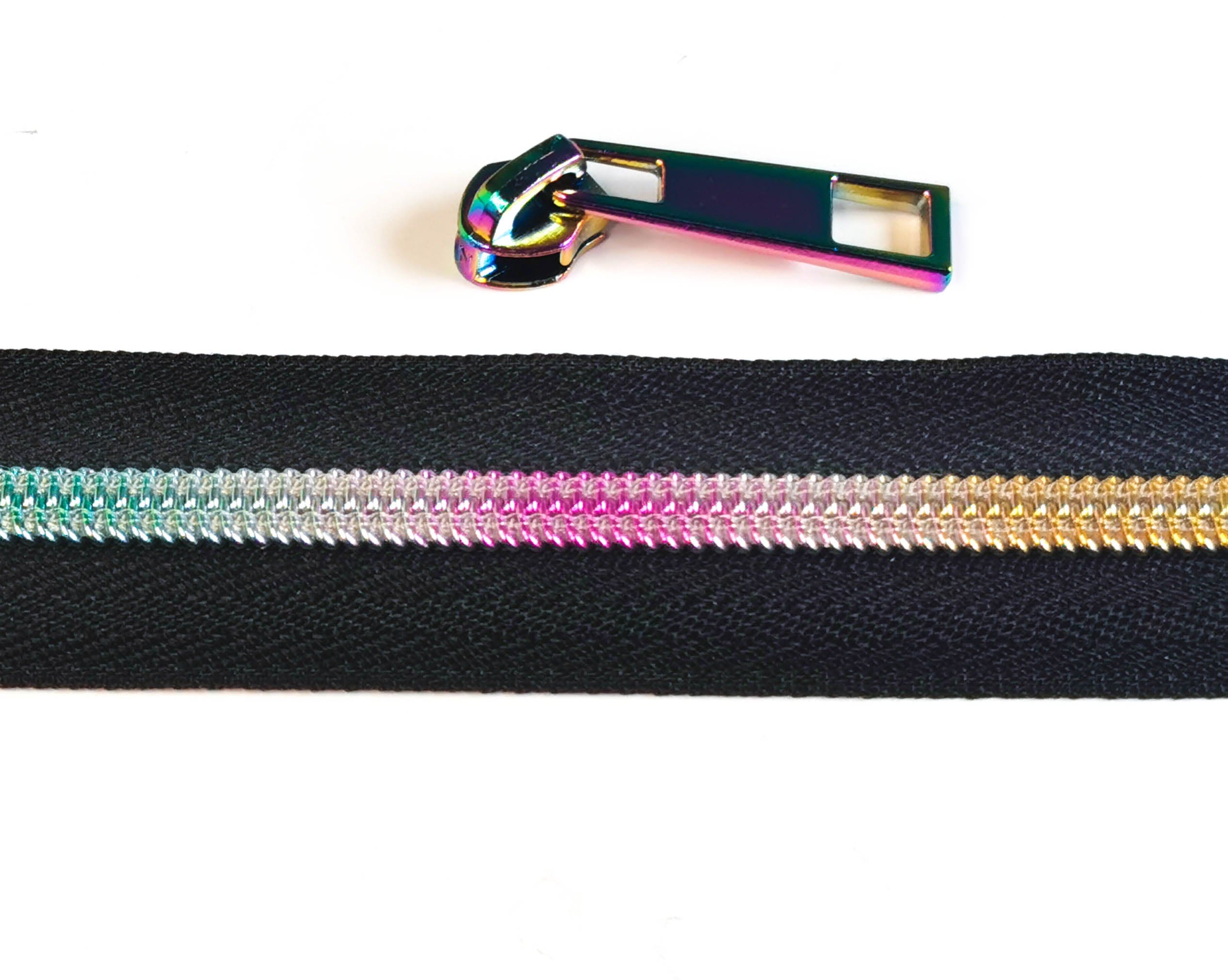 Kiwi Bagineers Zippers Black / Rainbow Zipper Tape. 30" 76cm of #5 Zipper tape with 2 Zipper Sliders/Pullers By Kiwi Bagineers