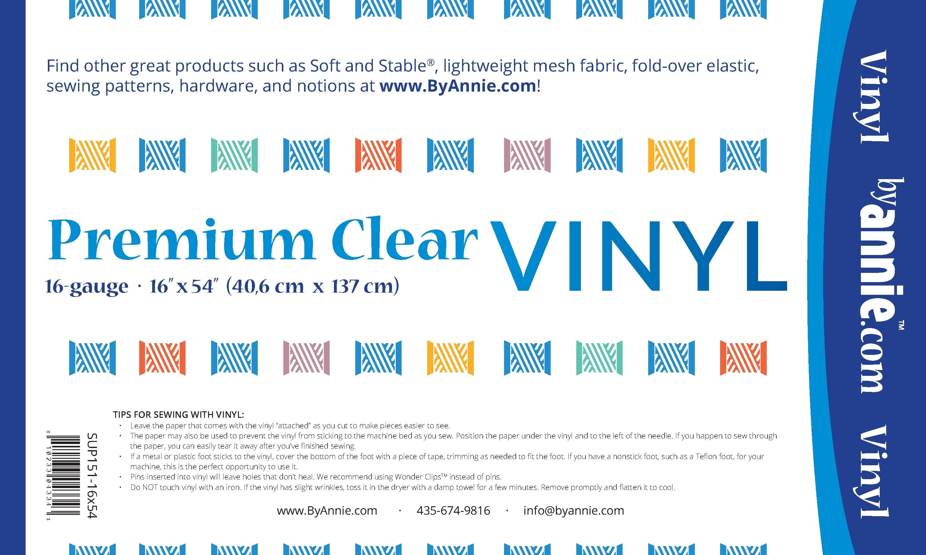 Clear Vinyl ByAnnie. Precut 54" x 16" - Kiwi Bagineers