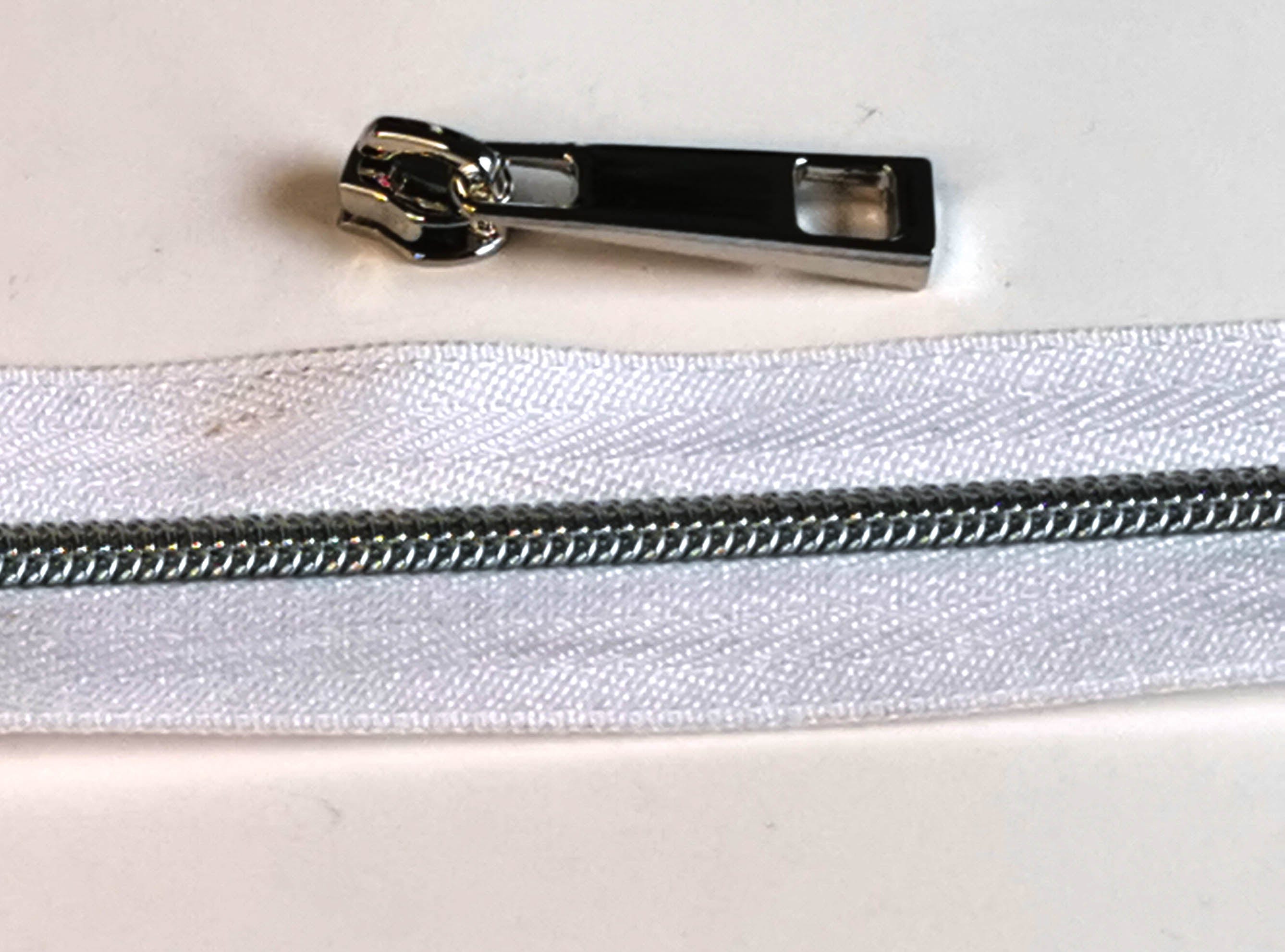 Silver Nylon Coil Zipper with WhiteTape & Nickel Pulls - Zipper by the Yard  - Nylon Coil Zipper - Metallic Zipper