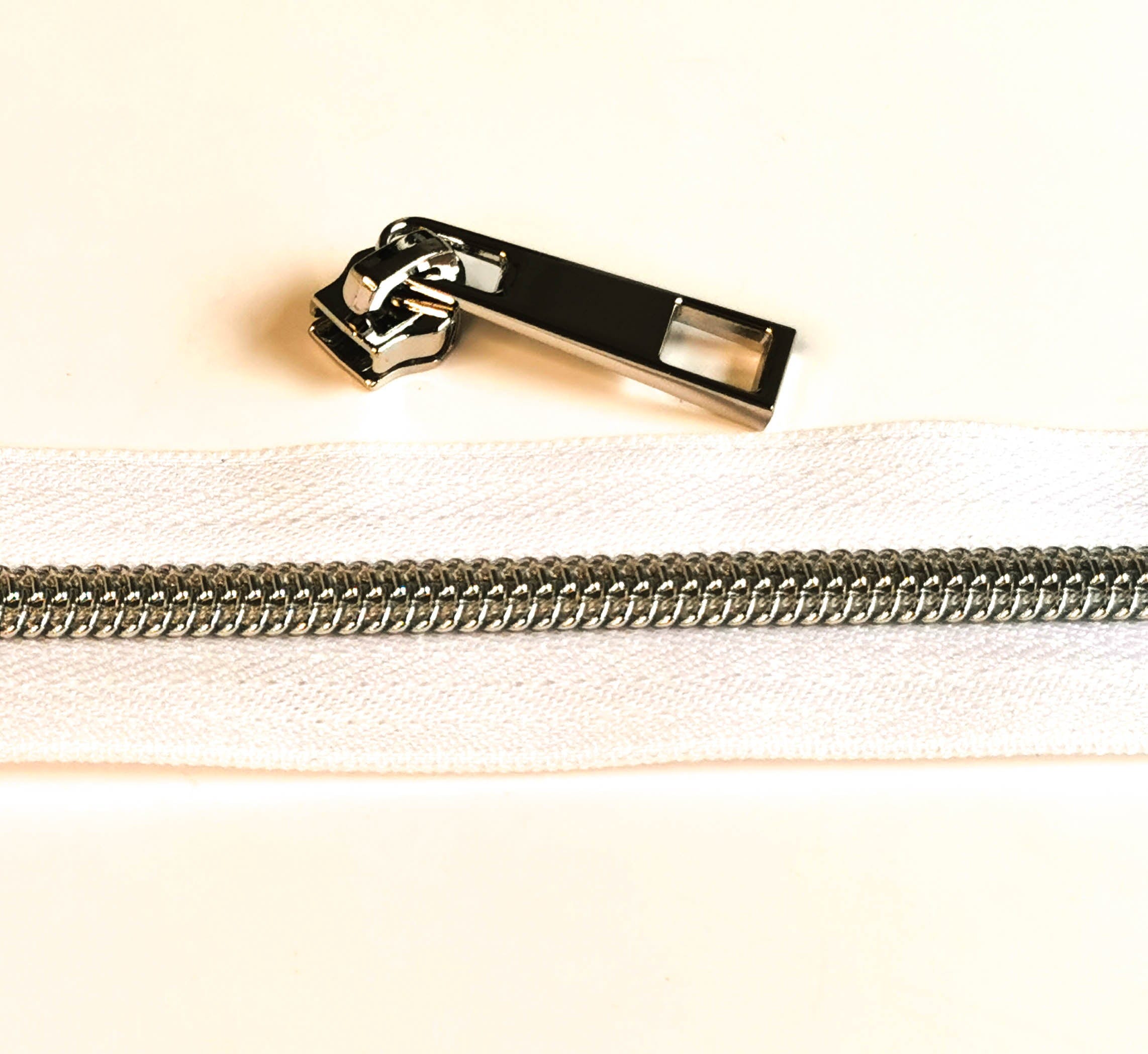 Kiwi Bagineers Zippers White / Nickel silver Zipper Tape. 30" 76cm of #5 Zipper tape with 2 Zipper Sliders/Pullers By Kiwi Bagineers